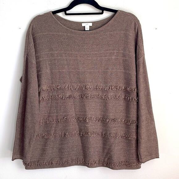J. Jill Faye mocha cotton wool fringe boxy wide neck long sleeve sweater sz S - Picture 1 of 5